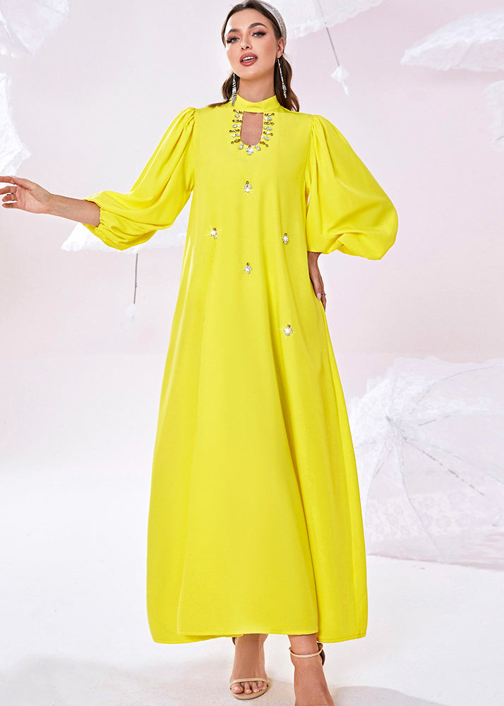Rhinestone Mock Neck Cut Out Puff Sleeve Maxi Dress - View 2