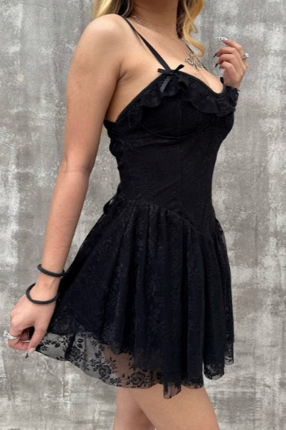 Solid V Neck Ruffled Lace Dress - View 15