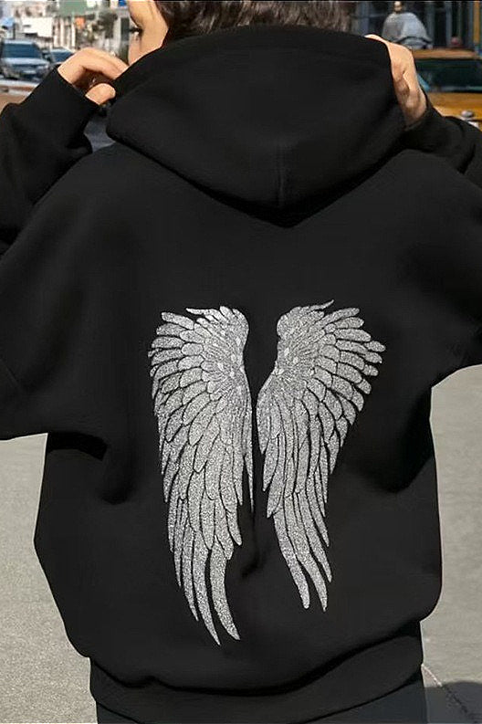Solid Sequin Wing Graphic Relaxed Hoodie 5