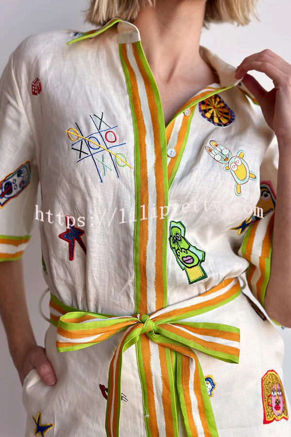 Britt Linen Blend Unique Printed Short Sleeved Pocket Tie Waist Mini Dress - Fashionpara