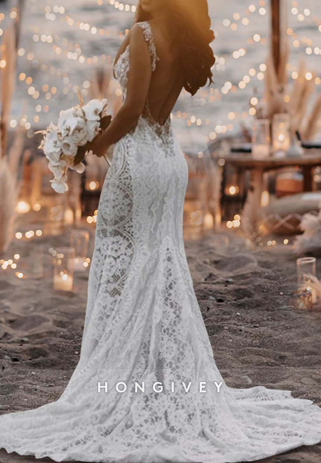 Backless Lace Sleeveless V Neck Pleated Regular Straps Trumpet Boho Wedding Dresses