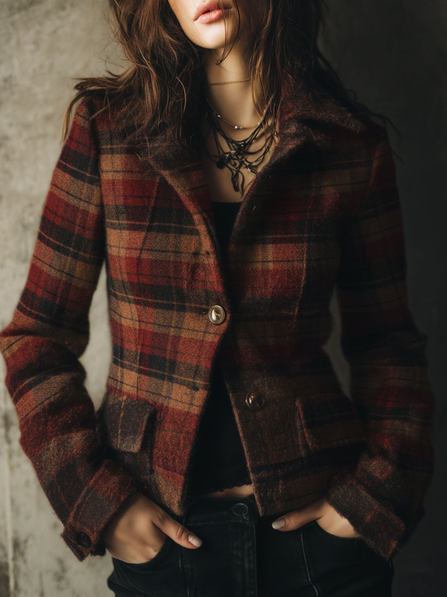 Quiet Luxury Retro Plaid Waisted Short Woolen Coat