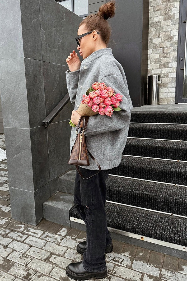 Gray Stand Collar Cocoon Sleeve Coat