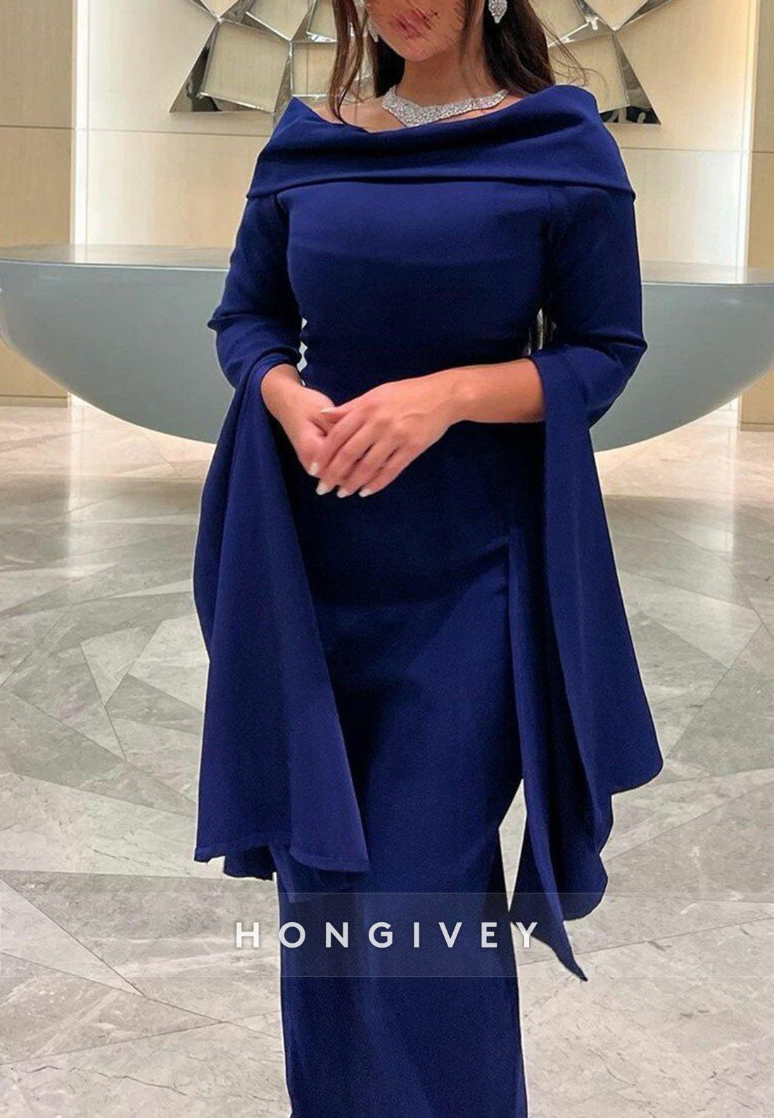 Off the Shoulder Column Long Sleeve Evening Formal Dresses