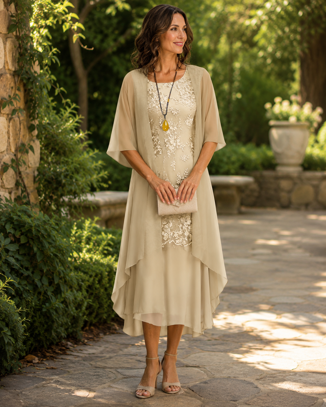 Lace Dress and Chiffon Duster Jacket Two Piece Set 4