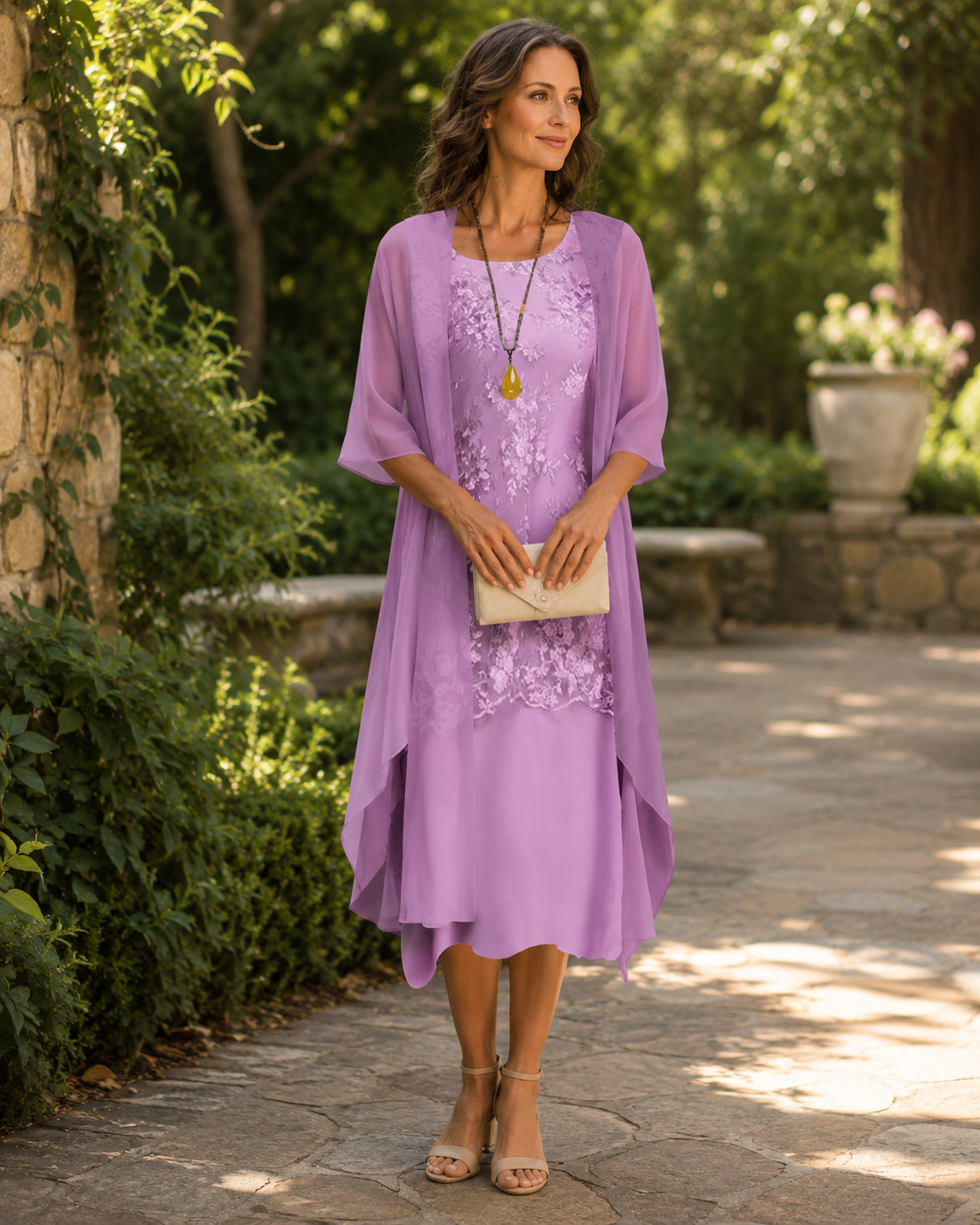 Lace Dress and Chiffon Duster Jacket Two Piece Set 5