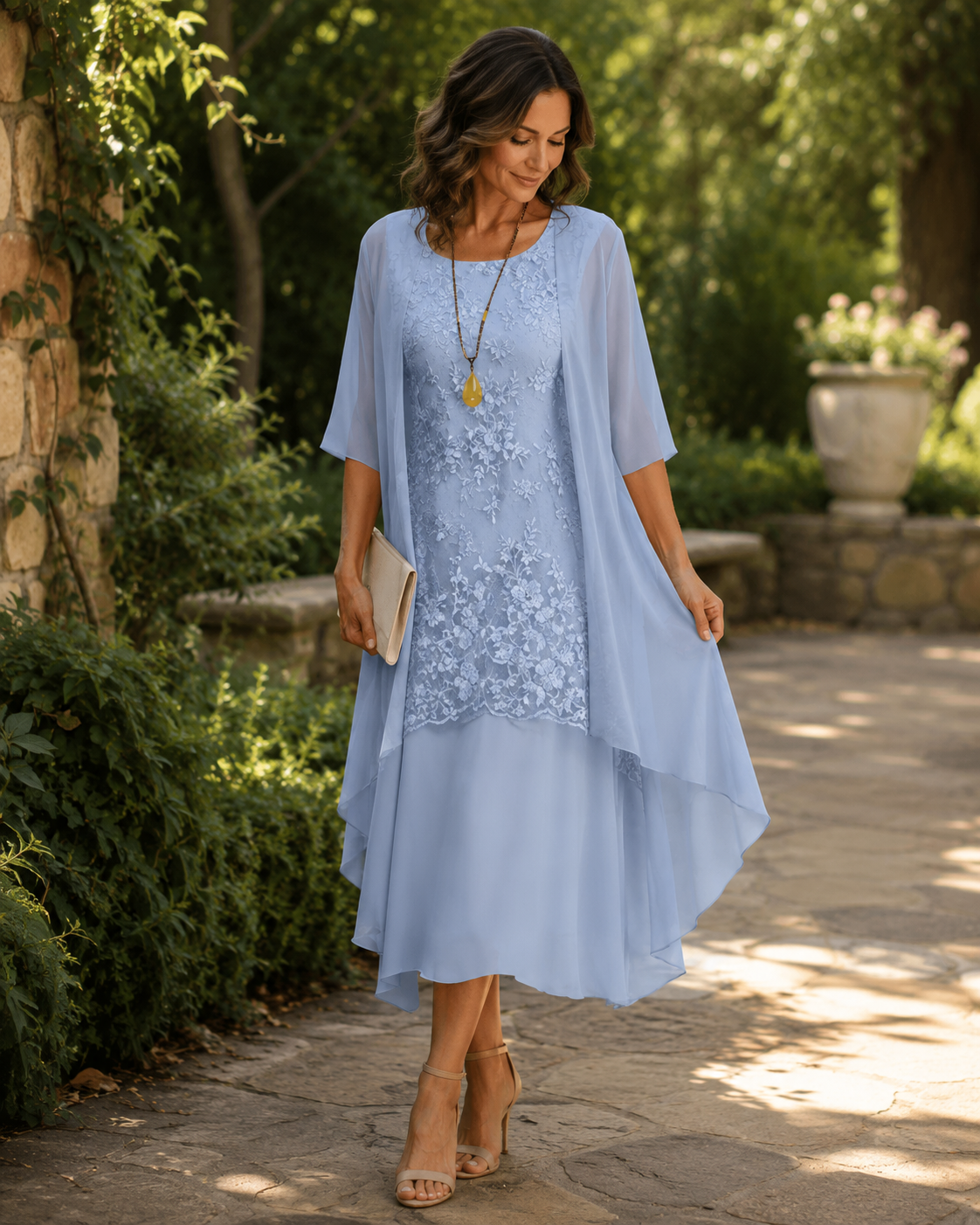 Lace Dress and Chiffon Duster Jacket Two Piece Set 2