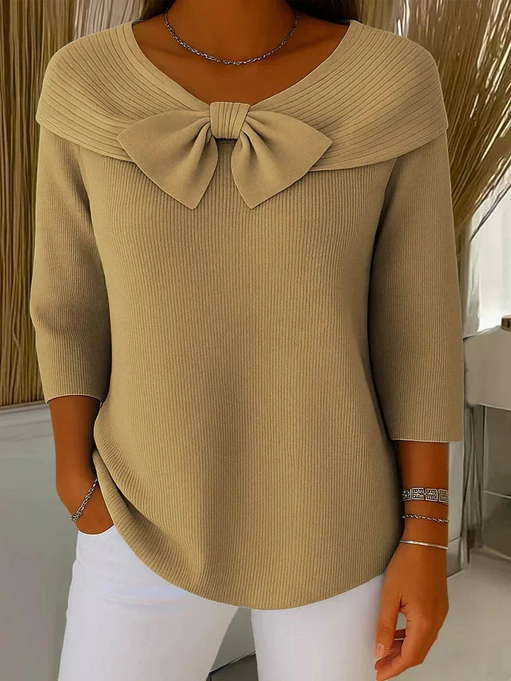 Foldover Neck Bow Front Long Sleeve Ribbed Knit Top 3