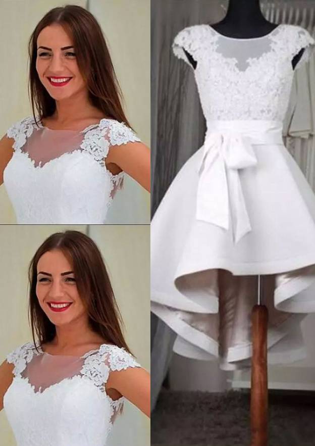 Elastic Satin Elegant A-line/Princess Bateau Asymmetrical Homecoming Dress with Lace - Fashionpara