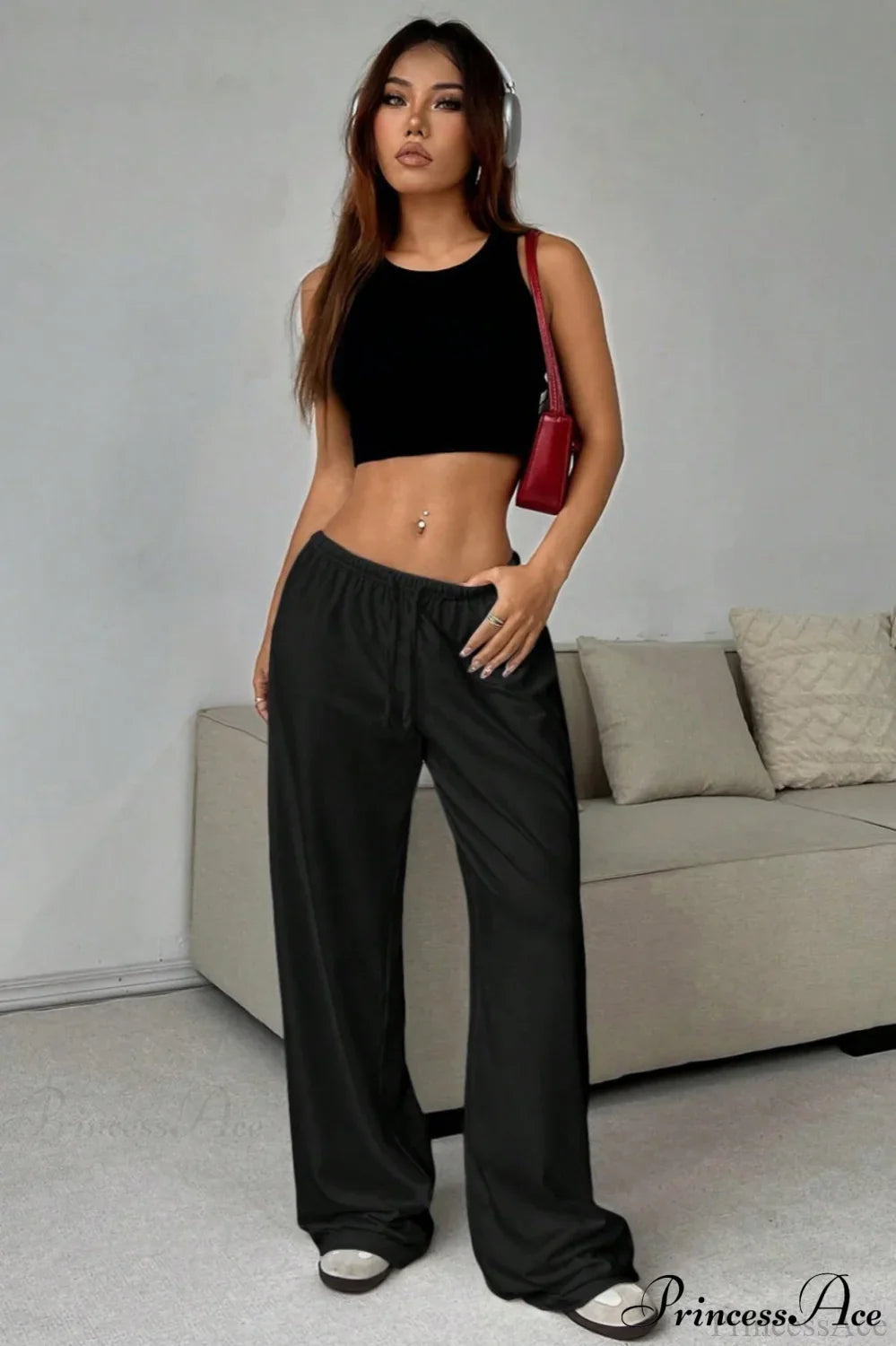 Elastic Waist Drawstring Wide Leg Pants
