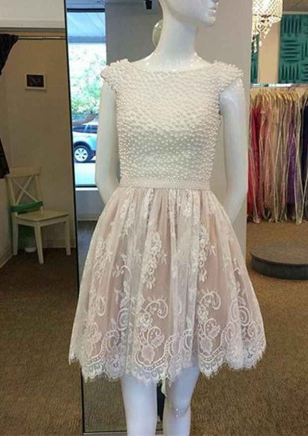 Elegant A-line Bateau Knee-Length Lace Homecoming Dress with Beading - Fashionpara