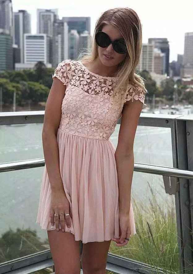 Elegant A-line Bateau Short Sleeve Chiffon Homecoming Dress with Lace - Fashionpara