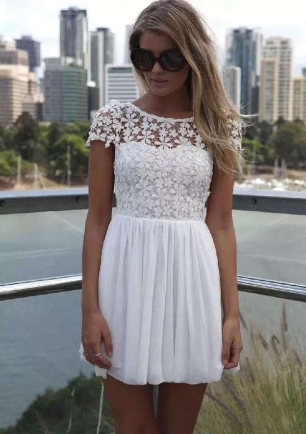 Elegant A-line Bateau Short Sleeve Chiffon Homecoming Dress with Lace - Fashionpara