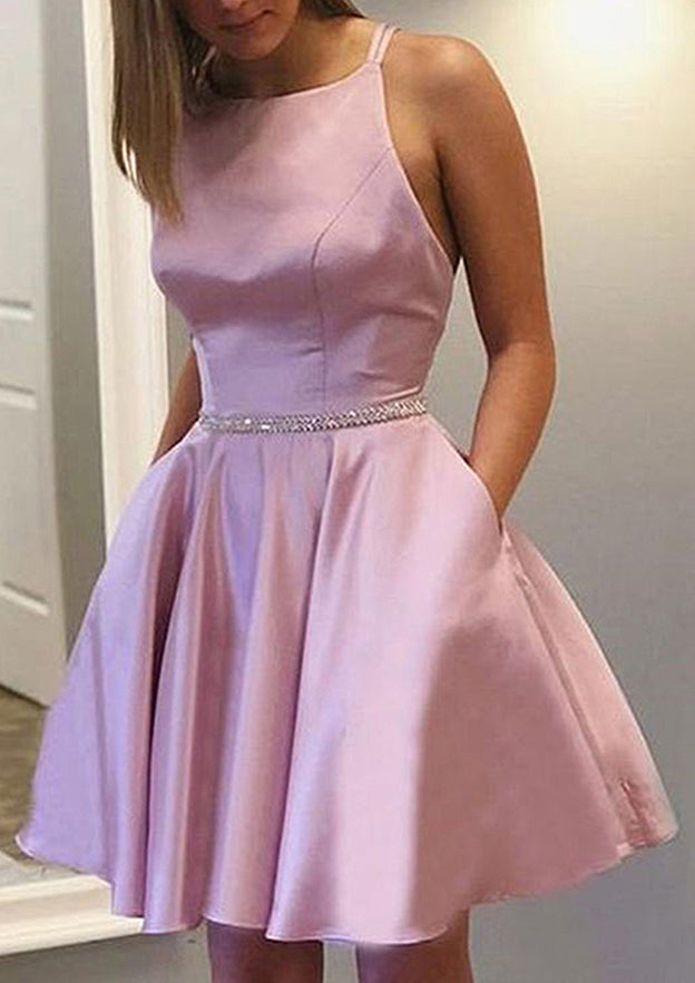 Elegant A-line Bateau Sleeveless Satin Short Homecoming Dress with Beading - Fashionpara