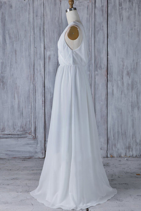 Elegant A-Line Chiffon Wedding Dress Appliques Ruffles Draped Back Bridal Gowns - Fashionpara