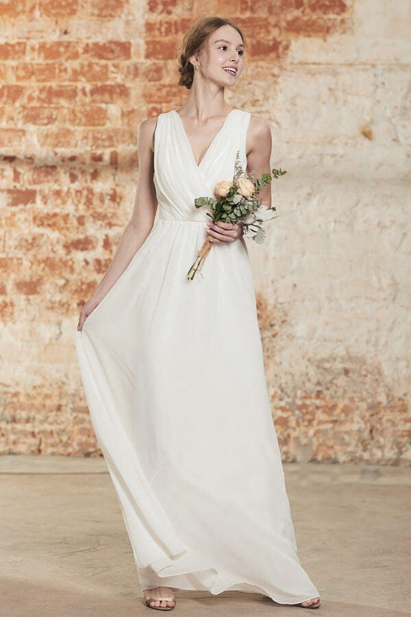 Elegant A-Line Chiffon Wedding Dress Appliques Ruffles Draped Back Bridal Gowns - Fashionpara
