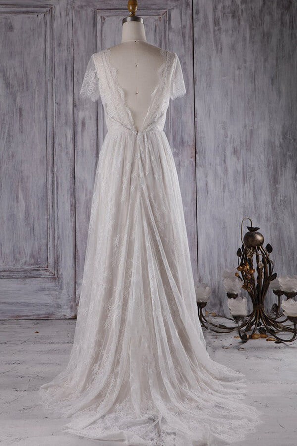 Elegant A-line Lace Wedding Dress Short Sleeves Appliques Bridal Gowns - Fashionpara