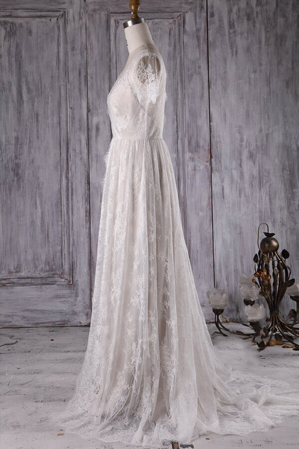 Elegant A-line Lace Wedding Dress Short Sleeves Appliques Bridal Gowns - Fashionpara