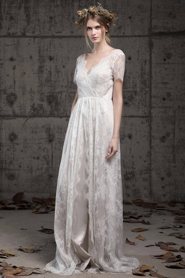 Elegant A-line Lace Wedding Dress Short Sleeves Appliques Bridal Gowns - Fashionpara