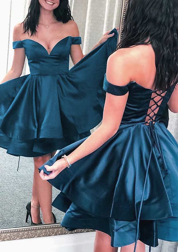 Elegant A-line Off-the-Shoulder Sleeveless Satin Short Homecoming Dress - Fashionpara