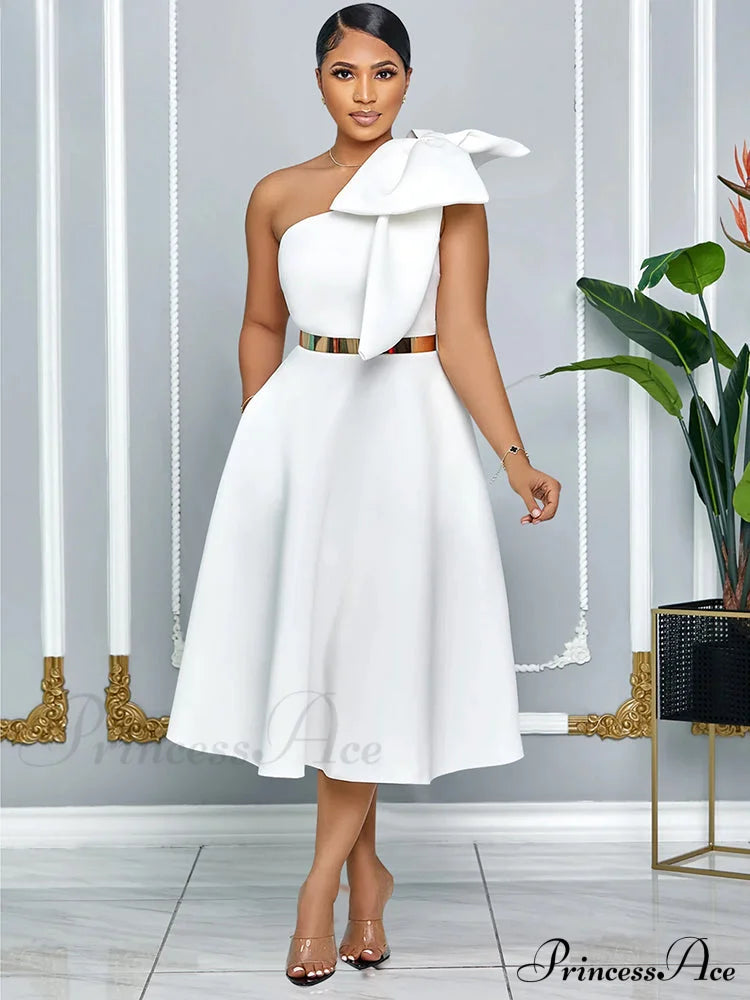 Elegant A Line Pleated One Shoulder Bow Red Christmas Party Dress White / S Dresses-L