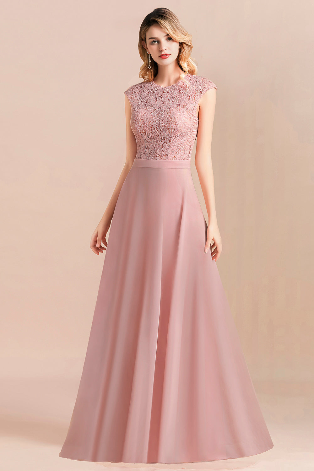 Elegant A-Line Sleeveless Dusty Rose Lace Bridesmaid Dresses - Fashionpara