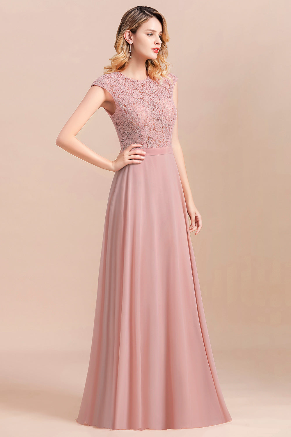 Elegant A-Line Sleeveless Dusty Rose Lace Bridesmaid Dresses - Fashionpara