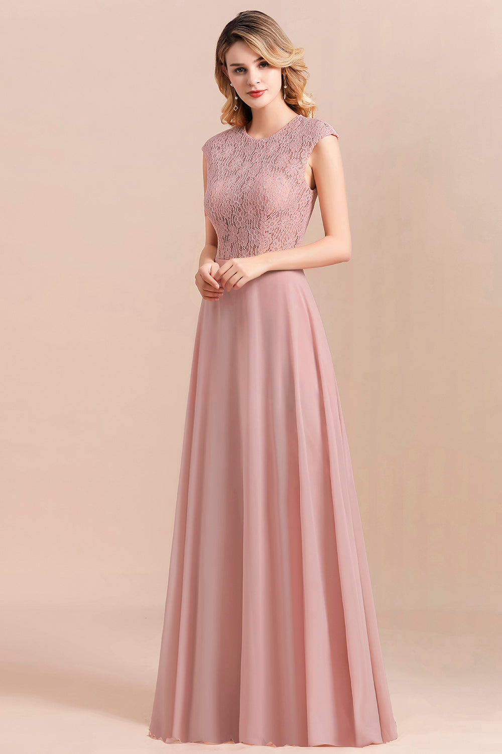 Elegant A-Line Sleeveless Dusty Rose Lace Bridesmaid Dresses - Fashionpara