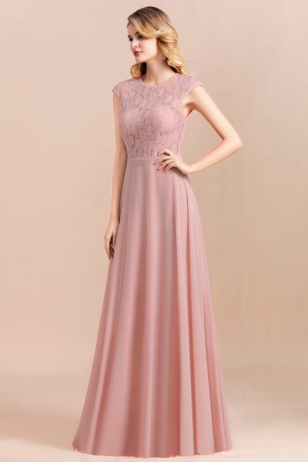 Elegant A-Line Sleeveless Dusty Rose Lace Bridesmaid Dresses - Fashionpara