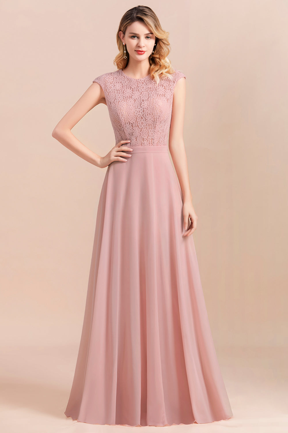 Elegant A-Line Sleeveless Dusty Rose Lace Bridesmaid Dresses - Fashionpara