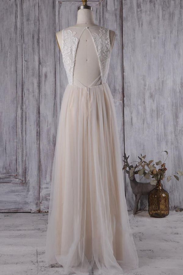 Elegant A-line Tulle Lace Wedding Dress V-neck Appliques Ruffles Bridal Gowns On Sale - Fashionpara