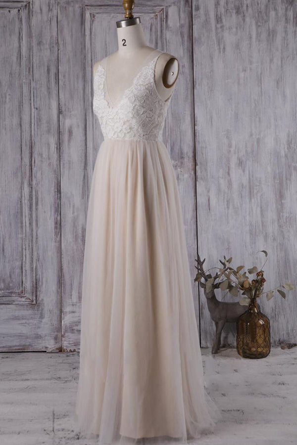 Elegant A-line Tulle Lace Wedding Dress V-neck Appliques Ruffles Bridal Gowns On Sale - Fashionpara