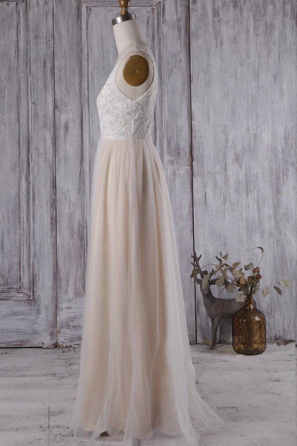 Elegant A-line Tulle Lace Wedding Dress V-neck Appliques Ruffles Bridal Gowns On Sale - Fashionpara