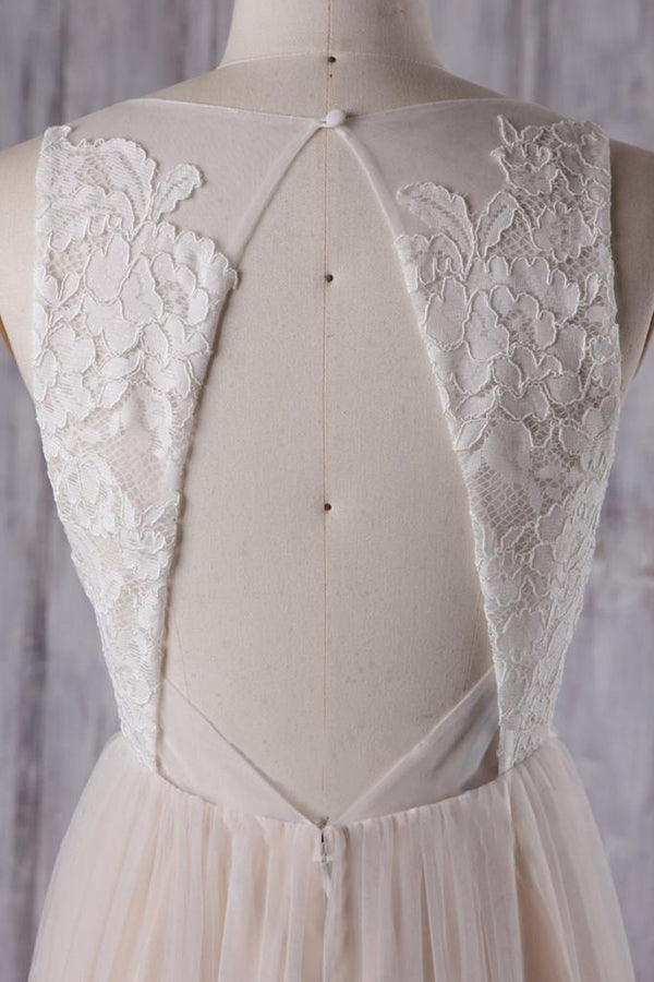 Elegant A-line Tulle Lace Wedding Dress V-neck Appliques Ruffles Bridal Gowns On Sale - Fashionpara