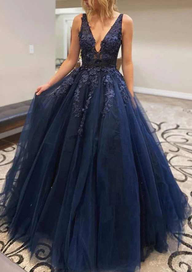 Elegant A-Line V-Neck Laced Tulle Prom Dress/Evening Dress with Applique - Fashionpara