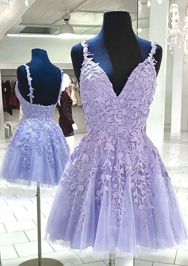 Elegant A-line V-Neck Sleeveless Lace Tulle Short Homecoming Dress with Appliqued Beading - Fashionpara