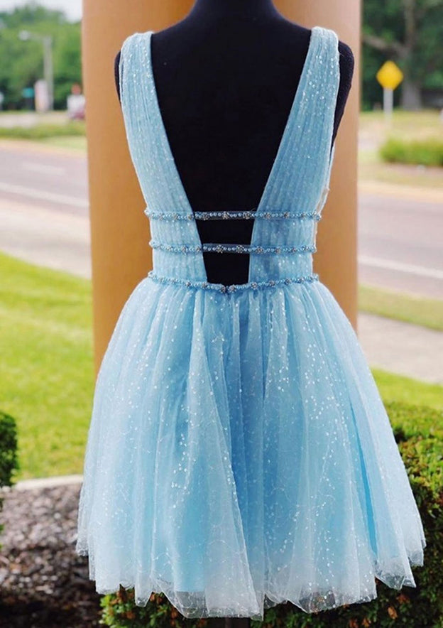 Elegant A-line V Neck Sleeveless Tulle Dress With Beading Glitter for Homecoming - Fashionpara