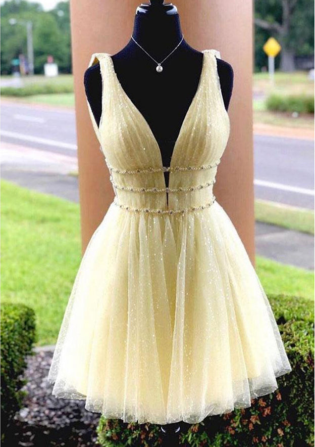 Elegant A-line V Neck Sleeveless Tulle Dress With Beading Glitter for Homecoming - Fashionpara
