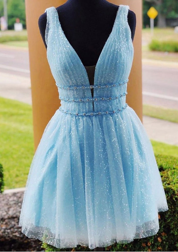 Elegant A-line V Neck Sleeveless Tulle Dress With Beading Glitter for Homecoming - Fashionpara