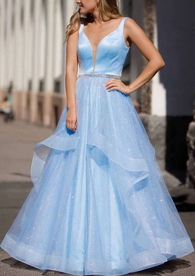 Elegant A-Line V-Neck Tulle Prom Dress/Evening Dress with Beading and Glitter - Fashionpara