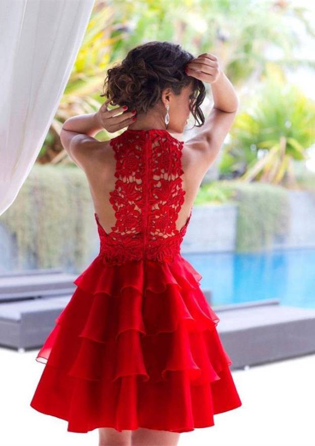 Elegant A-line/Princess Halter Chiffon Homecoming Dress with Lace Ruffles - Fashionpara