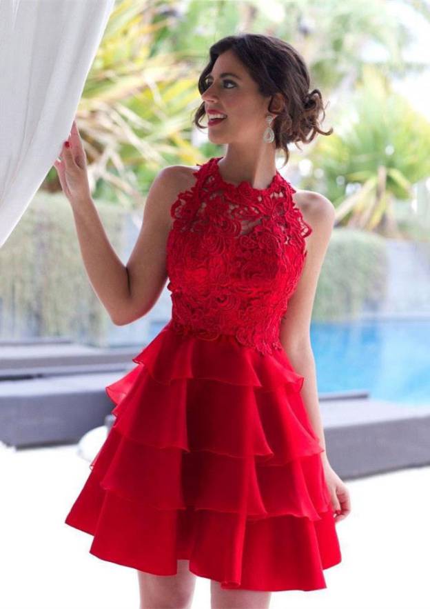 Elegant A-line/Princess Halter Chiffon Homecoming Dress with Lace Ruffles - Fashionpara