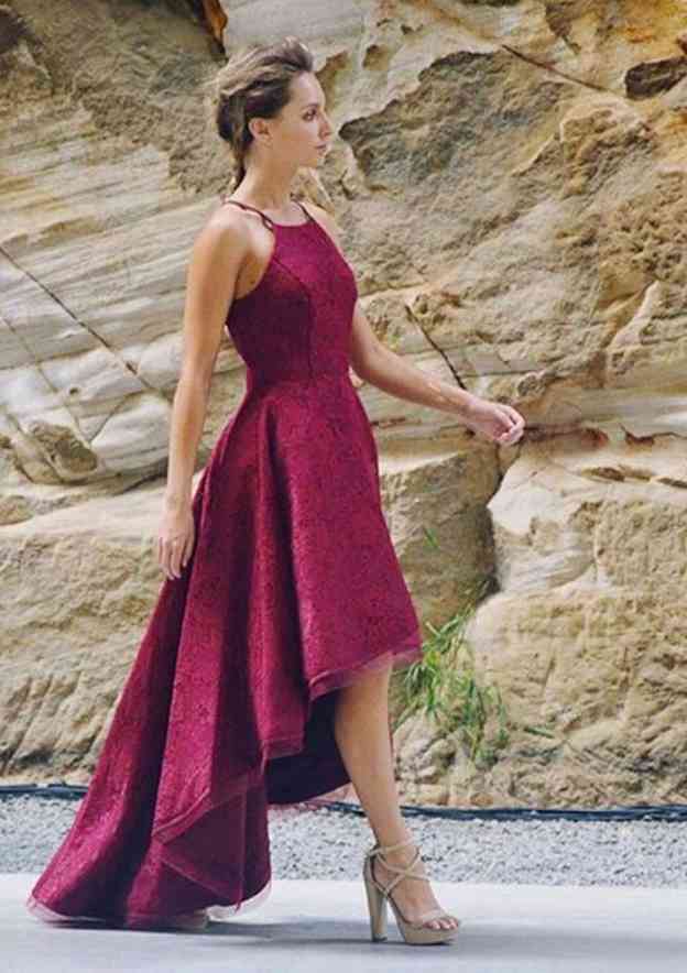 Elegant A-line/Princess Square Neckline Asymmetrical Lace Cocktail Dress With Pleated Look - Fashionpara