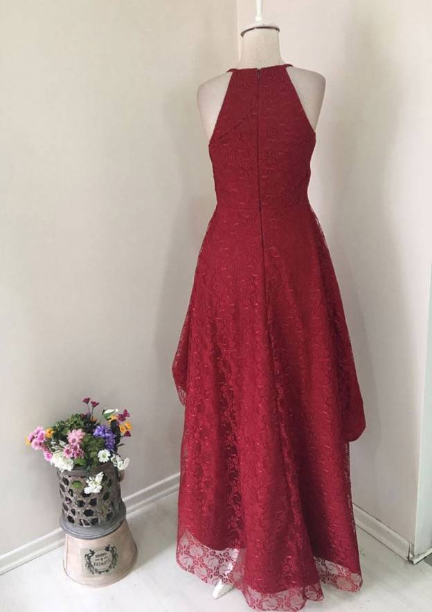 Elegant A-line/Princess Square Neckline Asymmetrical Lace Cocktail Dress With Pleated Look - Fashionpara