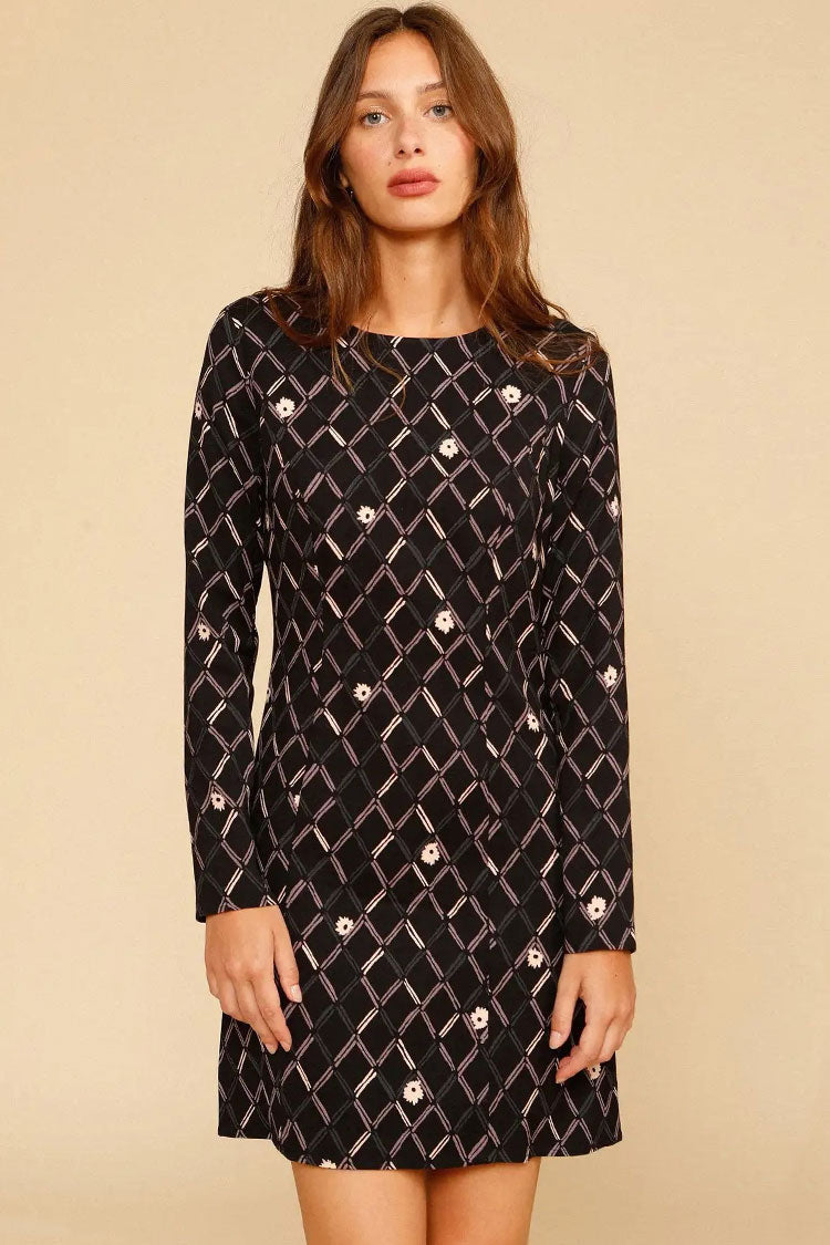 Elegant Argyle Floral Print French Long Sleeve Mini Dress - Black Fashionpara