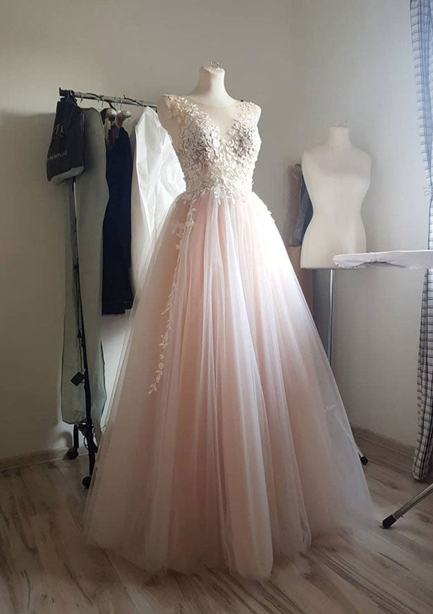 Elegant Ball Gown Illusion Neck Tulle Prom Dress/Evening Dress with Appliqued Laced - Fashionpara