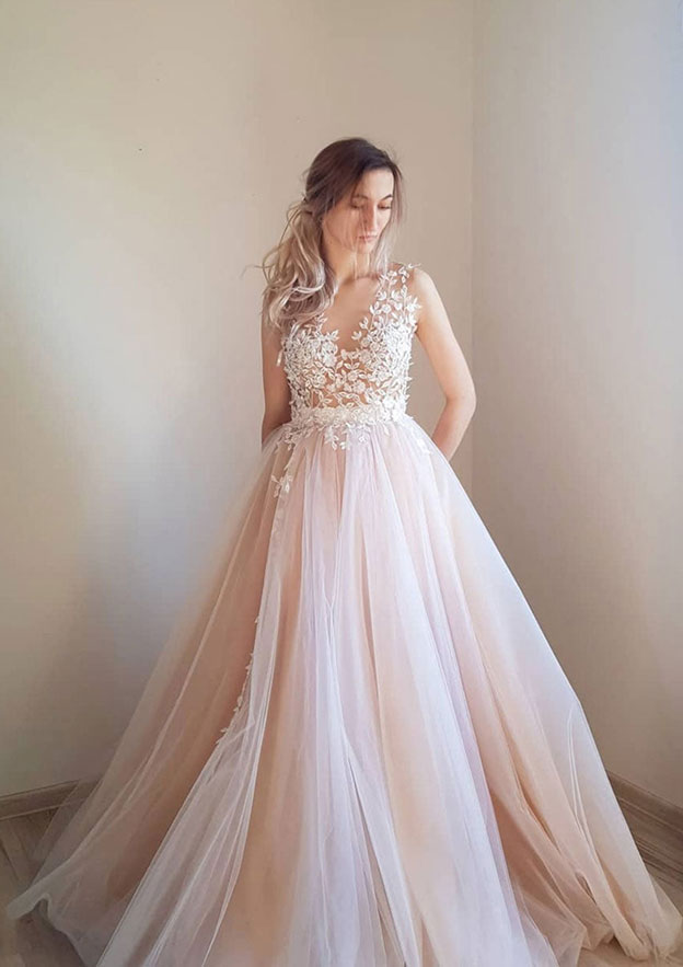 Elegant Ball Gown Illusion Neck Tulle Prom Dress/Evening Dress with Appliqued Laced - Fashionpara