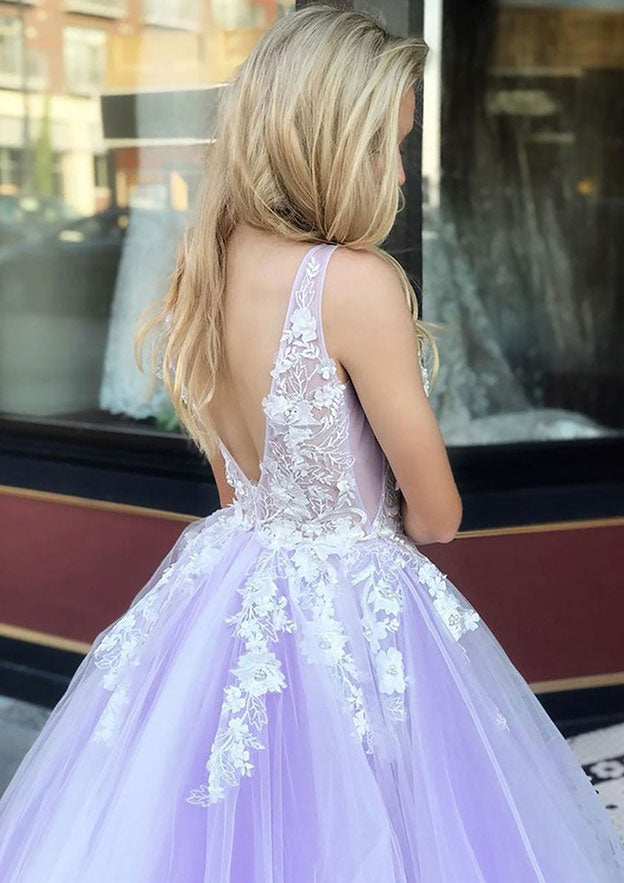 Elegant Ball Gown Sleeveless Long Tulle Prom Dress/Evening Dress with Appliques - Fashionpara