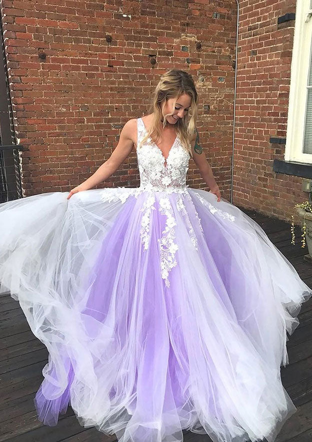 Elegant Ball Gown Sleeveless Long Tulle Prom Dress/Evening Dress with Appliques - Fashionpara