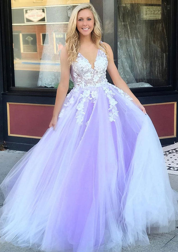 Elegant Ball Gown Sleeveless Long Tulle Prom Dress/Evening Dress with Appliques - Fashionpara